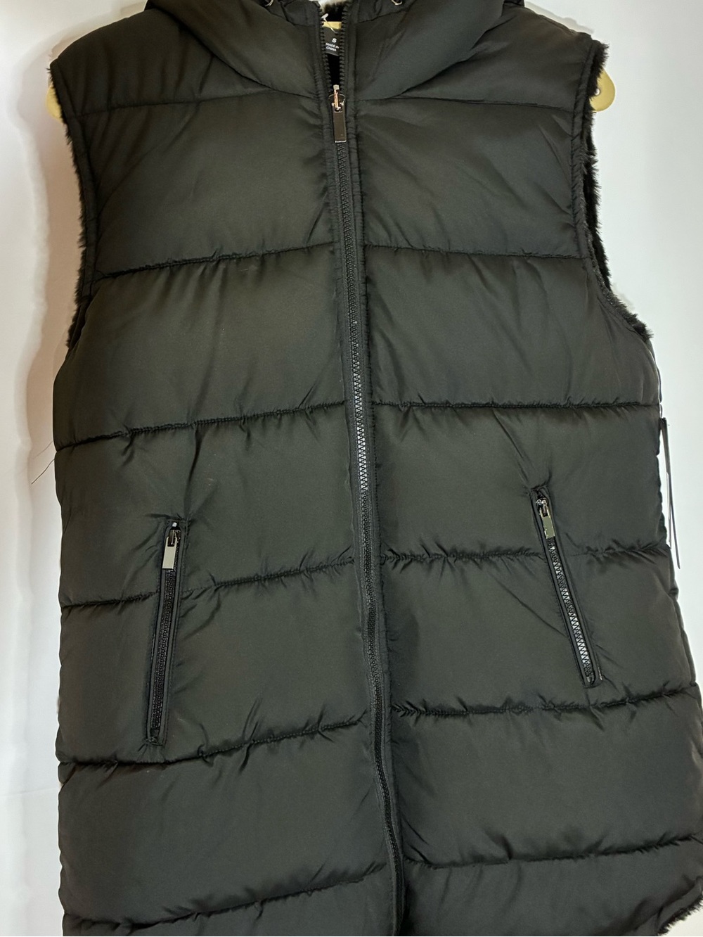 Sebby Collection Reversible Black Hooded Puffer Vest with Faux-Fur